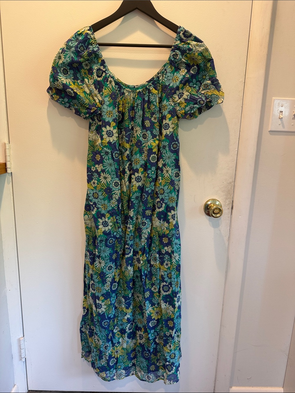 Boden Blue and Green Floral Puff-Sleeve Maxi Dress